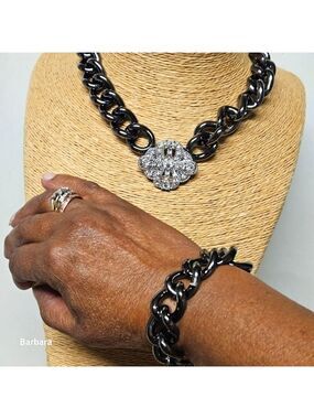 Lia Sophia "Palladian" Gunmetal Chain and Rhinestone Necklace with Bracelet